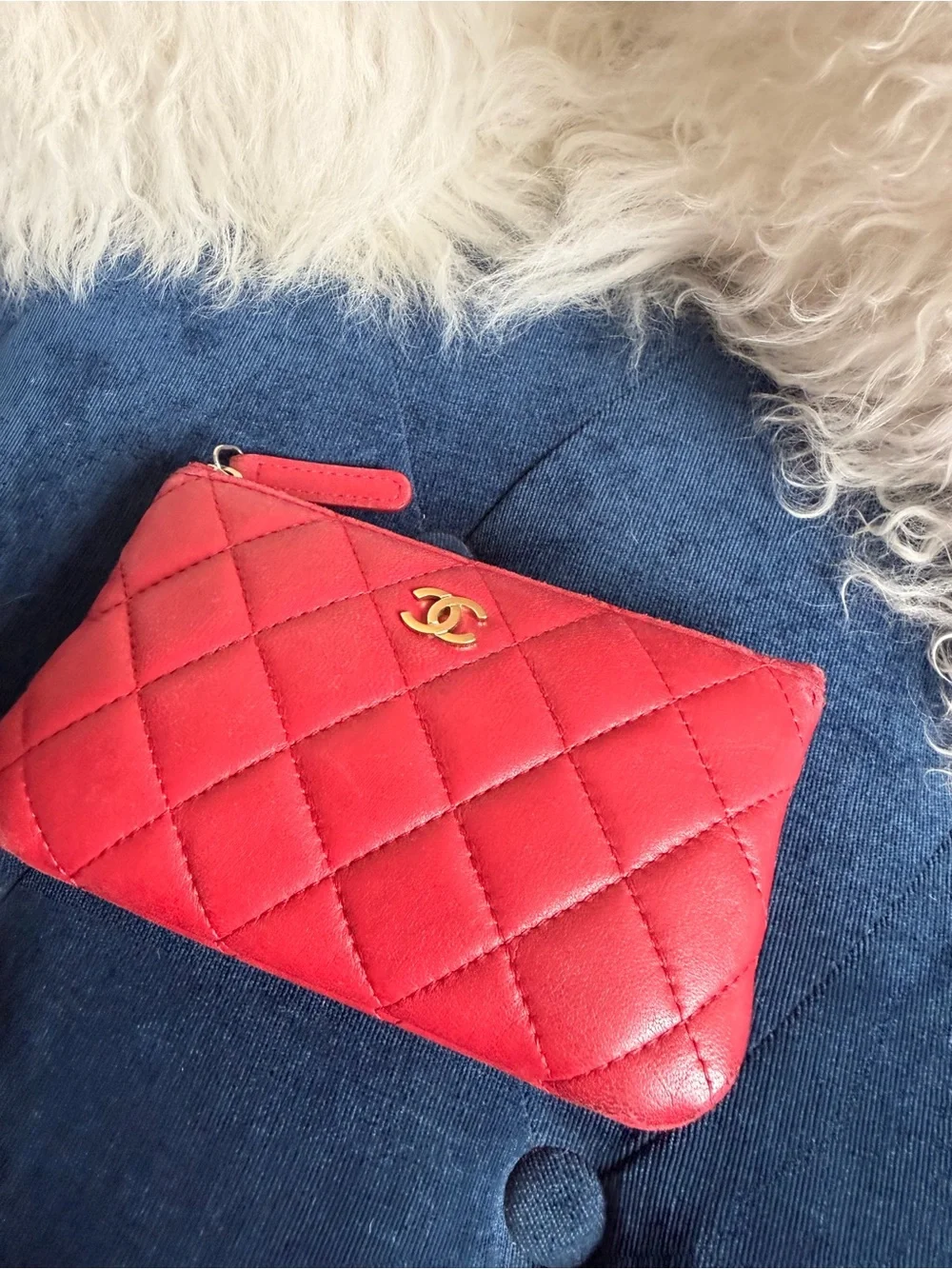 CHANEL Red Quilted Leather Zip Pouch with Gold CC
